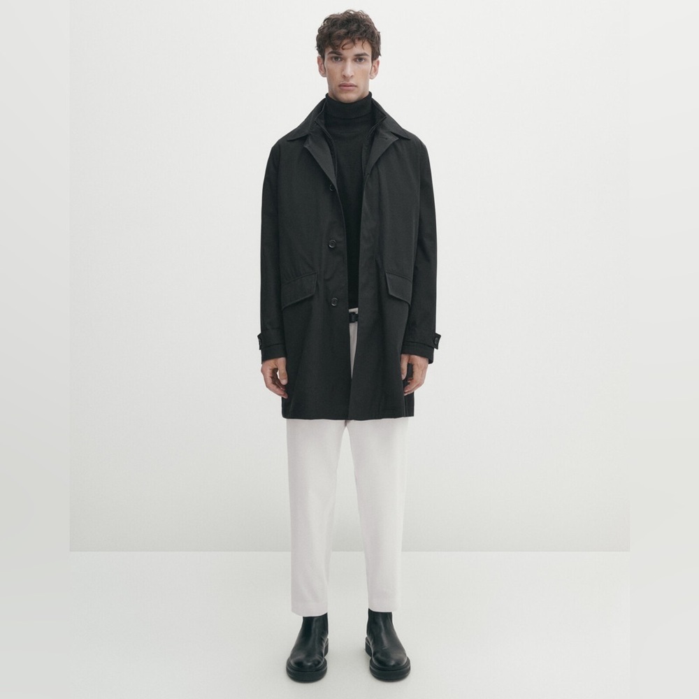 NWT. Massimo Dutti Man Black Trench Coat with Detachable Lining. Size S.